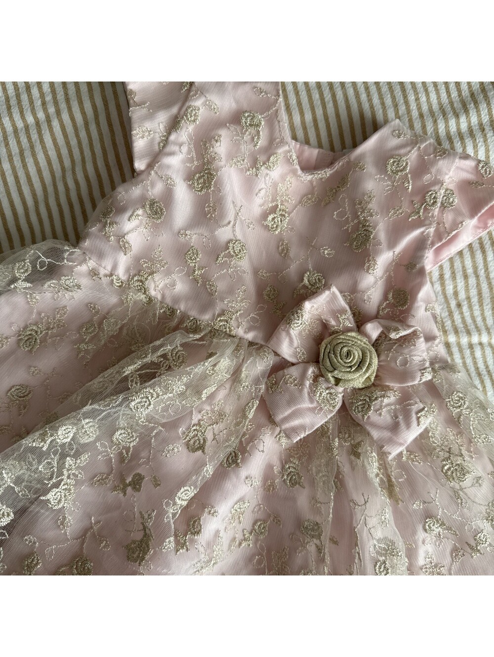 Summer dress pink gold embroidered layover bow rosette sash 6mo Little Me NWT